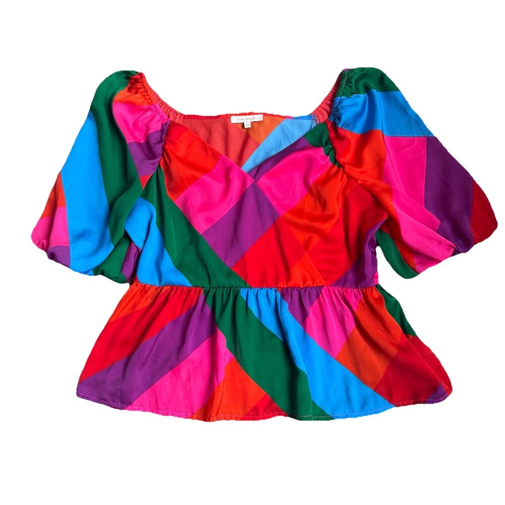 Skies‎ Are Blue Women's Vibrant Color Block Puff Sleeve V-neck Peplum Top Sz L